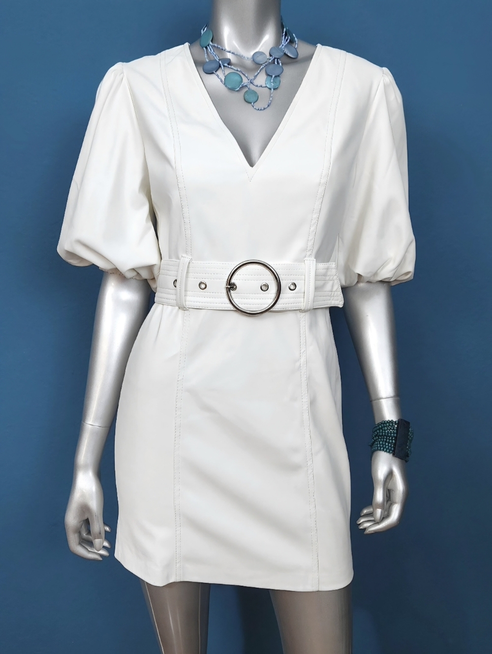 🆕🌊 BERSHKA 80's Style Faux Leather Belted Mini Dress w/ Puff Sleeves // (NWT)